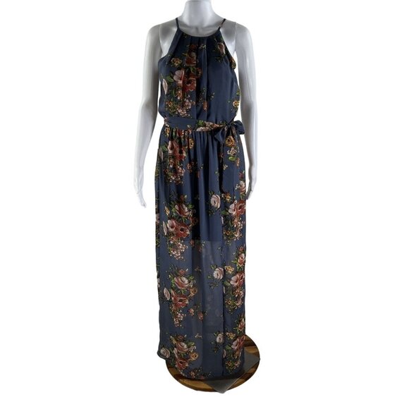 BCX NWT Womens M  Floral Blue Halter Maxi Slit Pleated Dress Belt Sheer Overlay - Picture 1 of 16